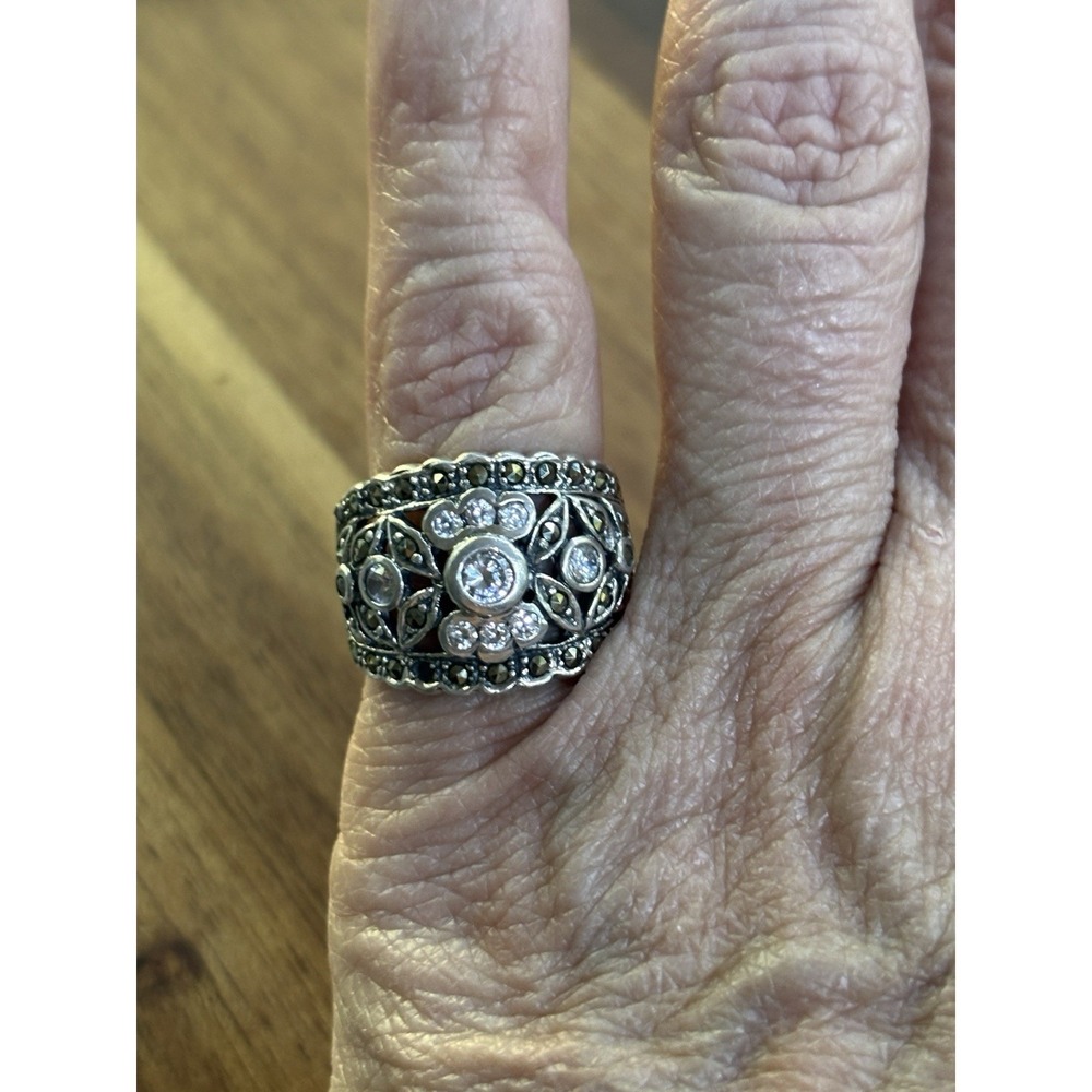 Vintage Signed 925 Sterling Silver Marcasite CZ Band Ring Size 6 - Picture 6 of 8